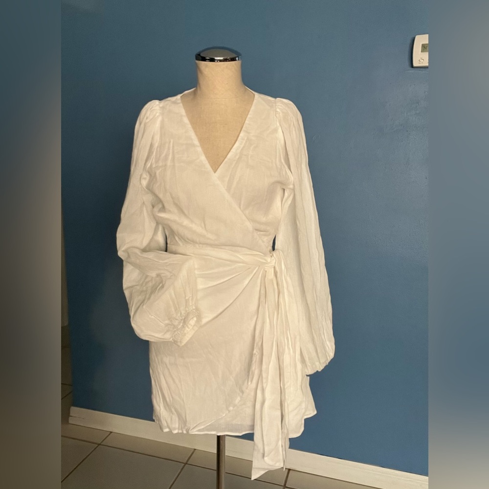 White linen wrap dress